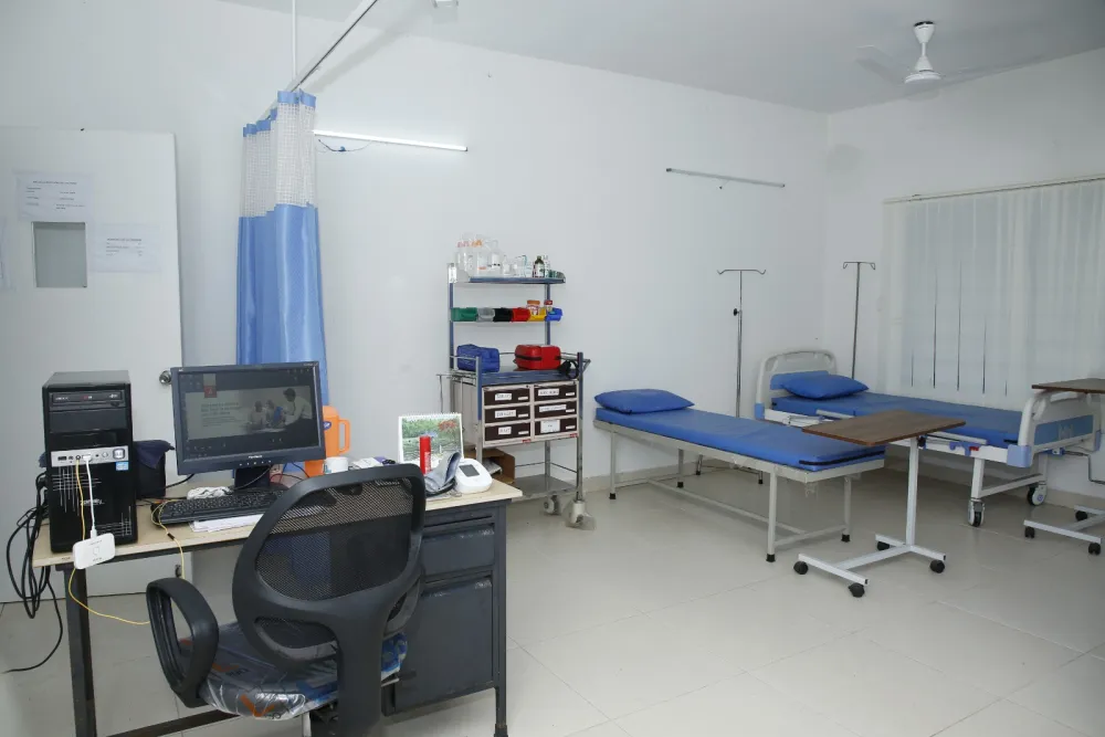 The medical centre on the campus, with a doctor, a nurse and an ambulance on site rather than on call from town.