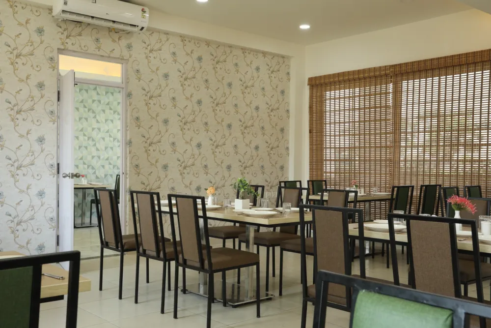 The dining room, where three meals a day are cooked and served. Eat here or have it brought to your door.