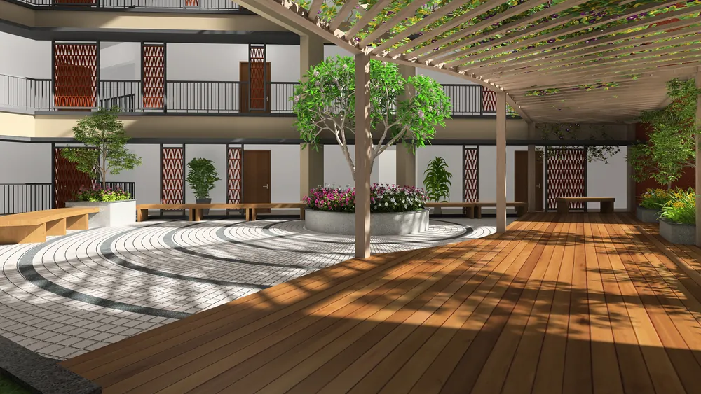 Seating and shade in the courtyard