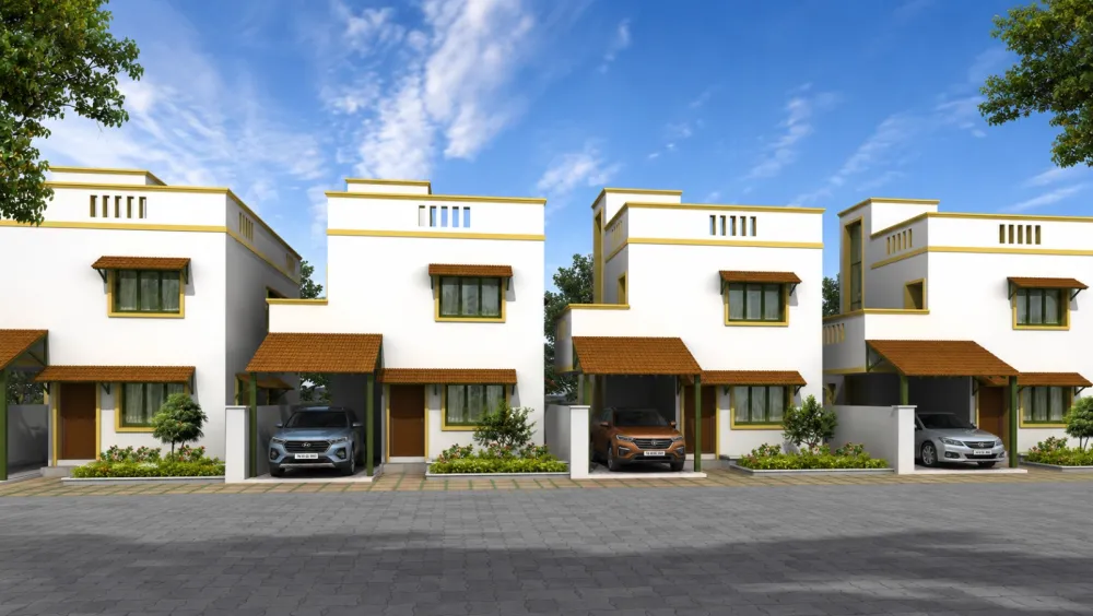 Artist's impression. The fronts of four duplex villas at Harmonia.
