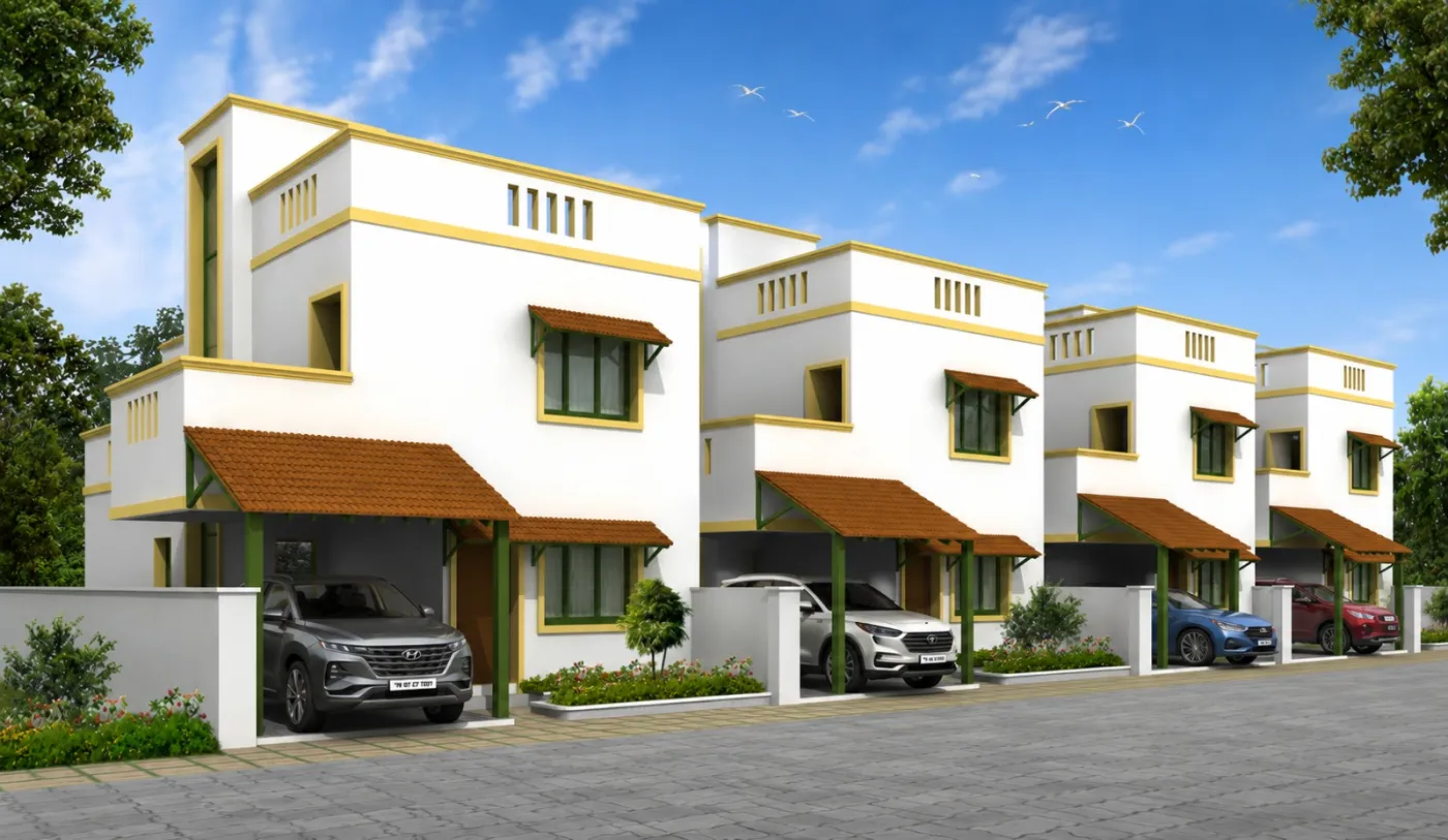 Artist's impression. A row of duplex villas at Harmonia.