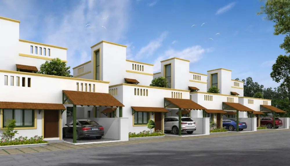 Artist's impression. The duplex villa street at Harmonia.